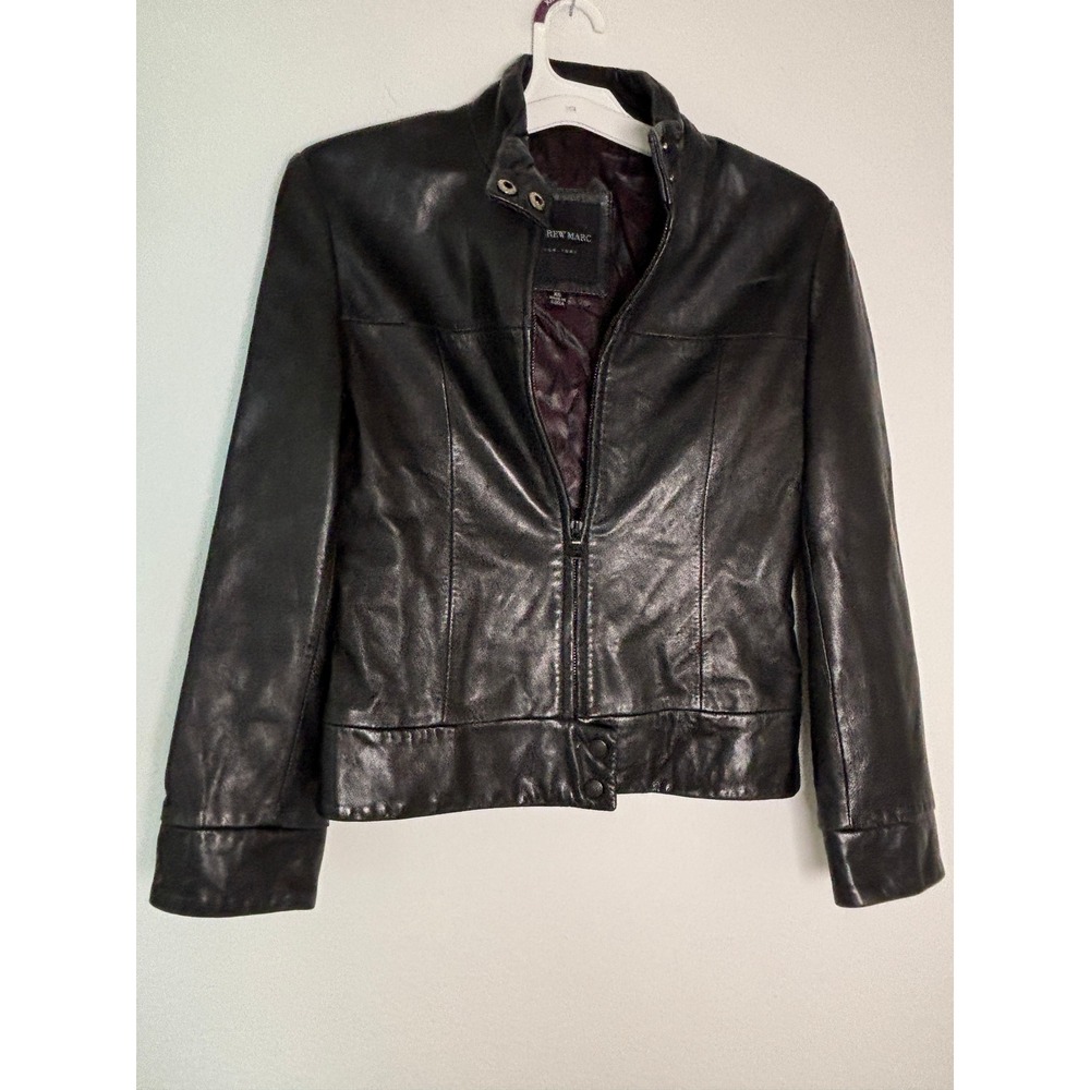 Andrew Marc New York Black Leather Jacket Stand Collar Zip Up Womens XS